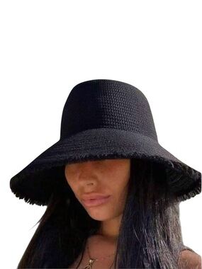 🔥🔥🆕Stylish Frayed Edge Black Foldable Straw Wide-Brim Hat